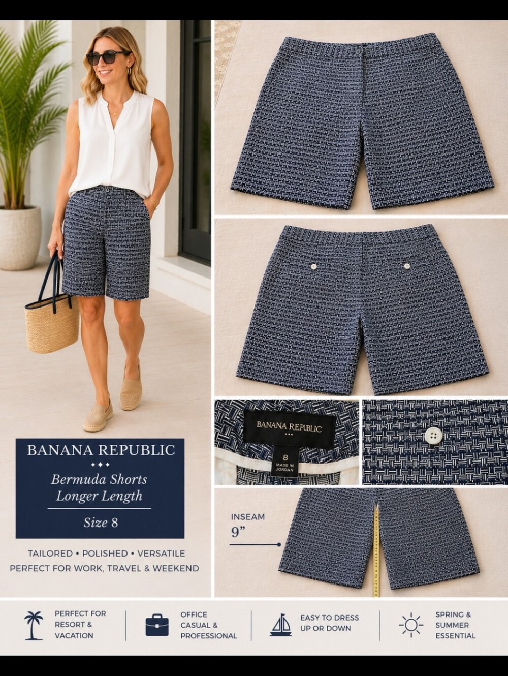 Banana Republic Navy Patterned Bermuda Shorts - Size 8. Resort, Coastal,Business